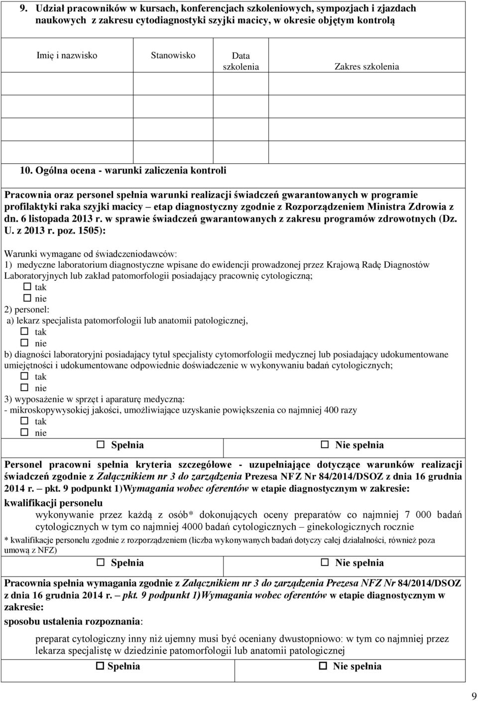 Ogólna ocena - warunki zaliczenia kontroli Pracownia oraz personel spełnia warunki realizacji świadczeń gwarantowanych w programie profilaktyki raka szyjki macicy etap diagnostyczny zgodnie z