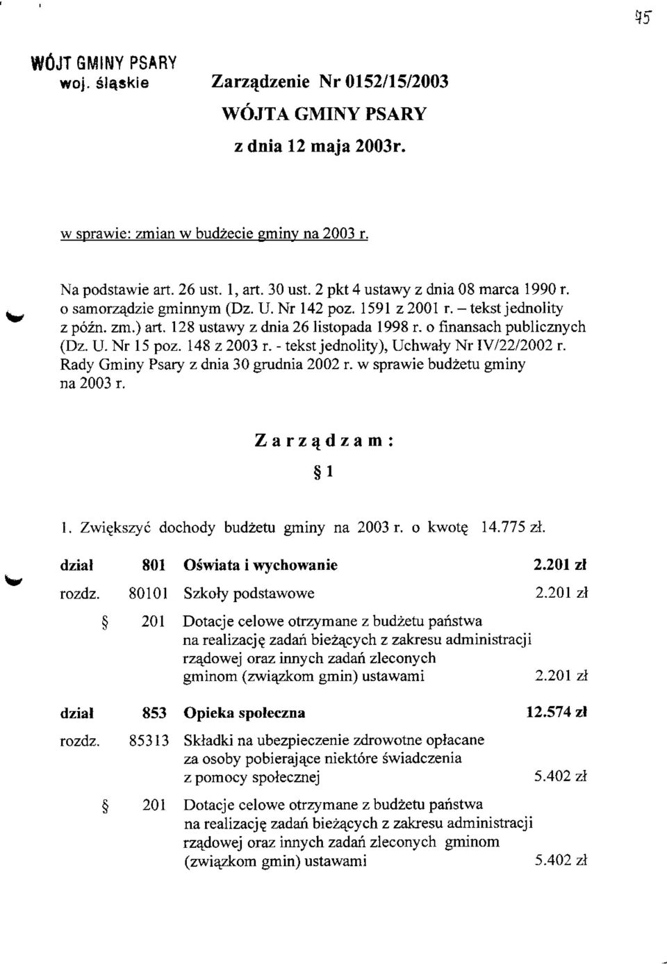 U. Nr 15 poz. 148 z 2003 r. - tekst jednolity), Uchwaty Nr IV/22/2002 r. Rady Gminy Psary z dnia 30 grudnia 2002 r. w sprawie budzetu gminy na 2003 r. Zarz^dzam: 1 1.