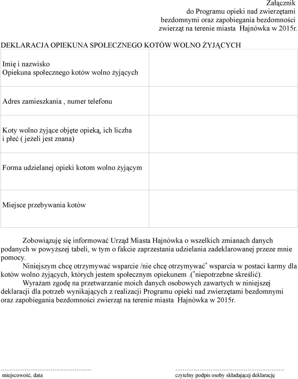 jeżeli jest znana) Forma udzielanej opieki kotom wolno żyjącym Miejsce przebywania kotów Zobowiązuję się informować Urząd Miasta Hajnówka o wszelkich zmianach danych podanych w powyższej tabeli, w