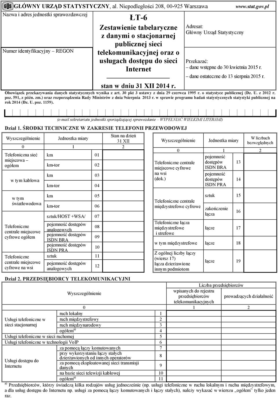 usługach dostępu do sieci Internet stan w dniu 31 XII 2014 r. Adresat: Główny Urząd Statystyczny www.stat.gov.pl Przekazać: dane wstępne do 30 kwietnia 2015 r. dane ostateczne do 13 sierpnia 2015 r.
