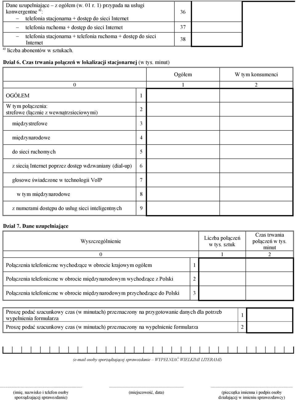 Internet a) liczba abonentów w sztukach. Dział 6. Czas trwania połączeń w lokalizacji stacjonarnej (w tys.