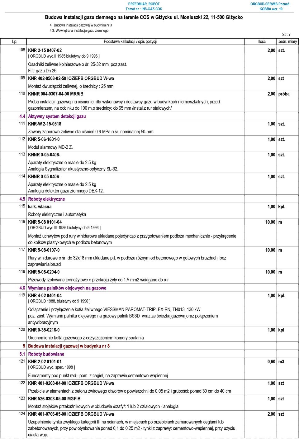 wykonawcy i dostawcy gazu w budynkach niemieszkalnych, przed gazomierzem, na odcinku do 100 m,o średnicy: do 65 mm /instal.z rur stalowych/ 4.