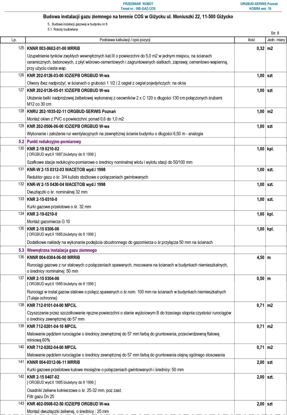 126 KNR 202-0126-03-00 IOZiEPB ORGBUD W-wa 1,00 szt Otwory /bez nadproży/, w ścianach o grubości 1 1/2 i 2 cegieł z cegieł pojedyńczych: na okna 127 KNR 202-0126-05-01 IOZiEPB ORGBUD W-wa 1,00 szt