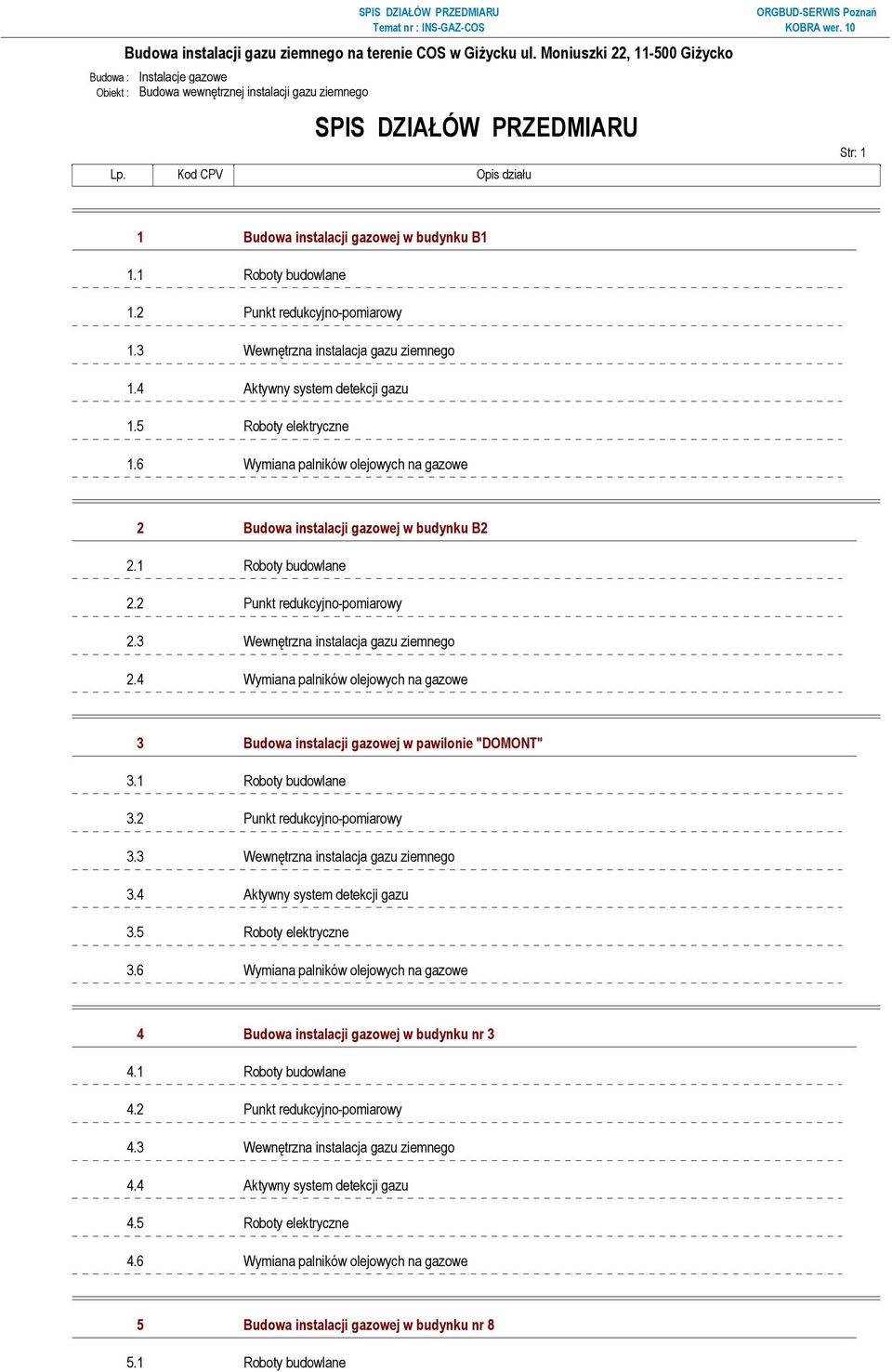 5 Roboty elektryczne 1.6 Wymiana palników olejowych na gazowe 2 Budowa instalacji gazowej w budynku B2 2.1 Roboty budowlane 2.2 Punkt redukcyjno-pomiarowy 2.3 Wewnętrzna instalacja gazu ziemnego 2.