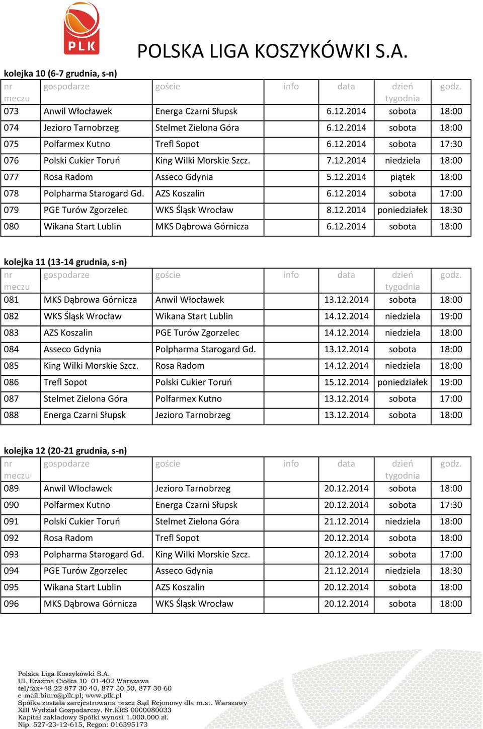 12.2014 sobota 18:00 kolejka 11 (13-14 grudnia, s-n) 081 MKS Dąbrowa Górnicza Anwil Włocławek 13.12.2014 sobota 18:00 082 WKS Śląsk Wrocław Wikana Start Lublin 14.12.2014 niedziela 19:00 083 AZS Koszalin PGE Turów Zgorzelec 14.