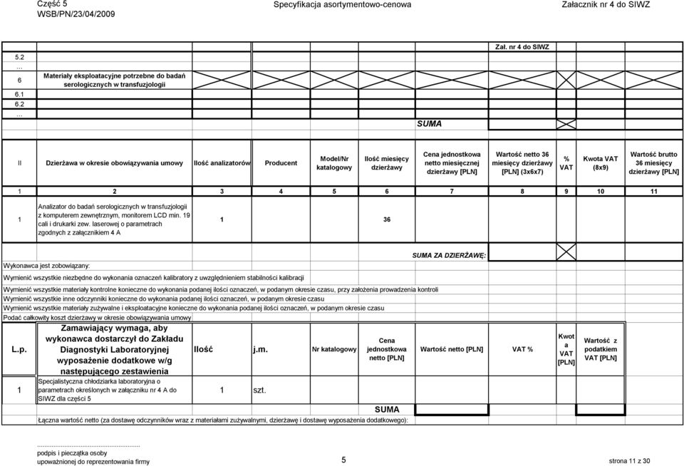 miesięcznej dzierżawy Wartość netto 36 miesięcy dzierżawy (3x6x7) Kwota (8x9) Wartość brutto 36 miesięcy dzierżawy 2 3 4 5 6 7 8 9 0 Analizator do badań serologicznych w transfuzjologii z komputerem
