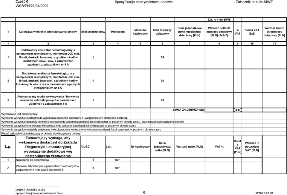 i zew. o parametrach zgodnych z załącznikiem nr 4 A 36 2 Dodatkowy analizator hematologiczny z komputerem zewnętrznym, monitorem LCD min. 9 cali, drukarki laserowej, czytnikiem kodów kreskowych wew.