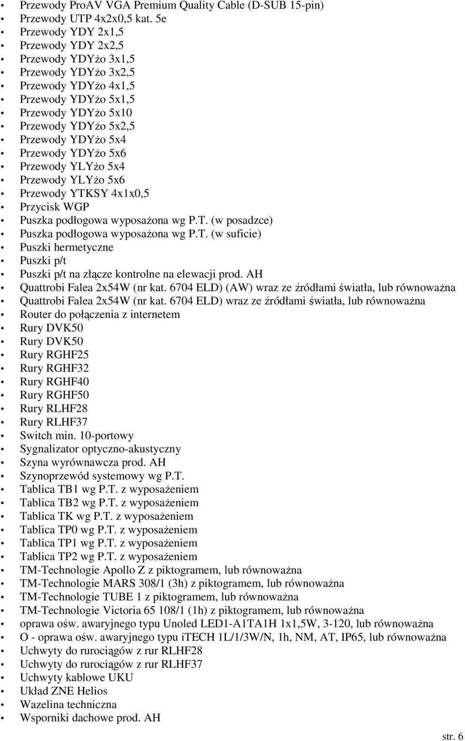5x6 Przewody YLYŜo 5x4 Przewody YLYŜo 5x6 Przewody YTKSY 4x1x0,5 Przycisk WGP Puszka podłogowa wyposaŝona wg P.T. (w posadzce) Puszka podłogowa wyposaŝona wg P.T. (w suficie) Puszki hermetyczne Puszki p/t Puszki p/t na złącze kontrolne na elewacji prod.
