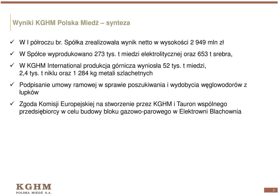t miedzi elektrolitycznej oraz 653 t srebra, W KGHM International produkcja górnicza wyniosła 52 tys. t miedzi, 2,4 tys.