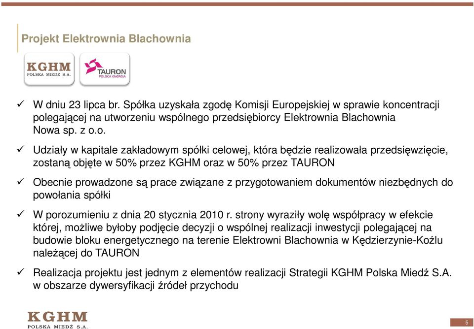 przygotowaniem dokumentów niezbędnych do powołania spółki W porozumieniu z dnia 20 stycznia 2010 r.