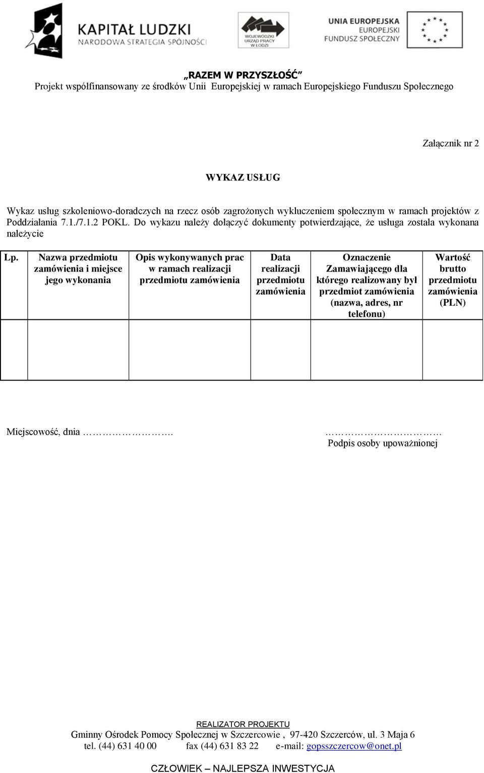 Nazwa przedmiotu zamówienia i miejsce jego wykonania Opis wykonywanych prac w ramach realizacji przedmiotu zamówienia Data realizacji przedmiotu