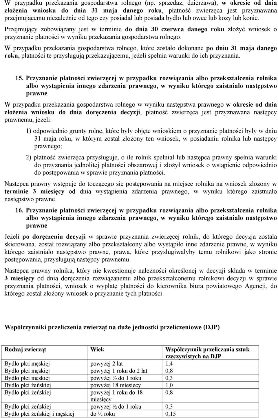 kozy lub konie. Przejmujący zobowiązany jest w terminie do dnia 30 czerwca danego roku złożyć wniosek o przyznanie płatności w wyniku przekazania gospodarstwa rolnego.