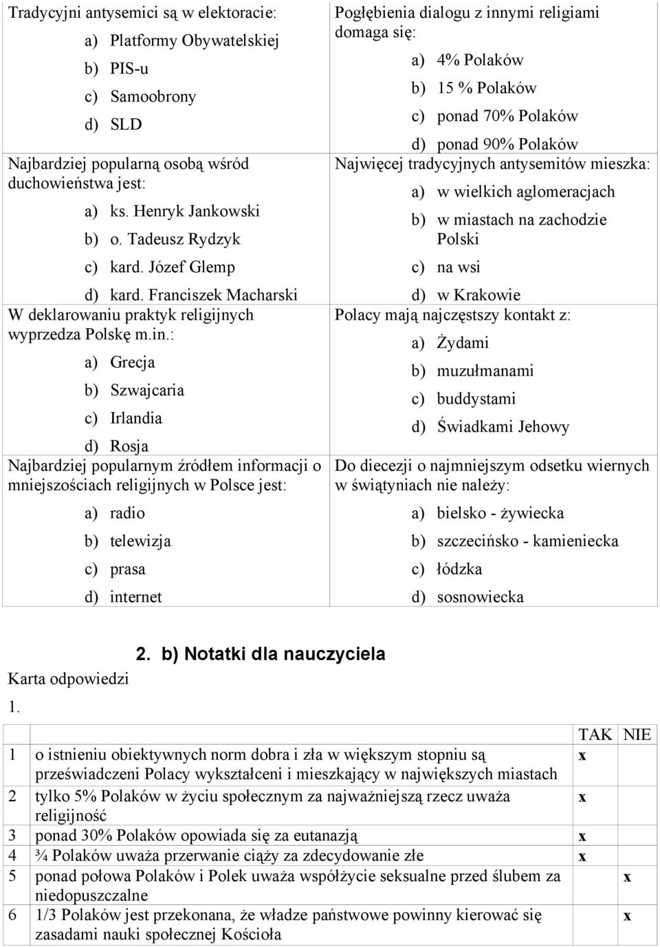 : a) Grecja b) Szwajcaria c) Irlandia d) Rosja Najbardziej popularnym źródłem informacji o mniejszościach religijnych w Polsce jest: a) radio b) telewizja c) prasa d) internet Pogłębienia dialogu z