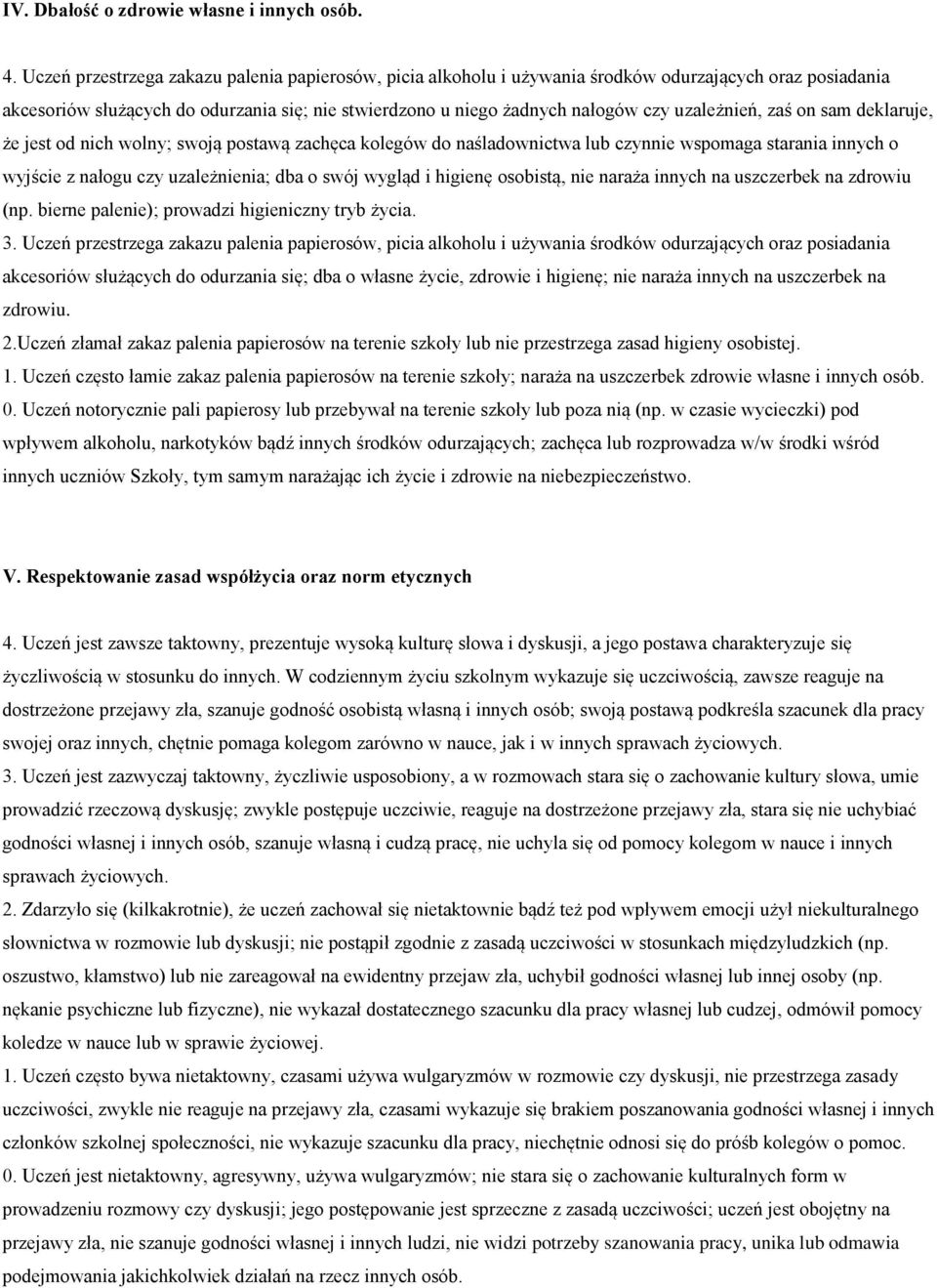 uzależnień, zaś on sam deklaruje, że jest od nich wolny; swoją postawą zachęca kolegów do naśladownictwa lub czynnie wspomaga starania innych o wyjście z nałogu czy uzależnienia; dba o swój wygląd i