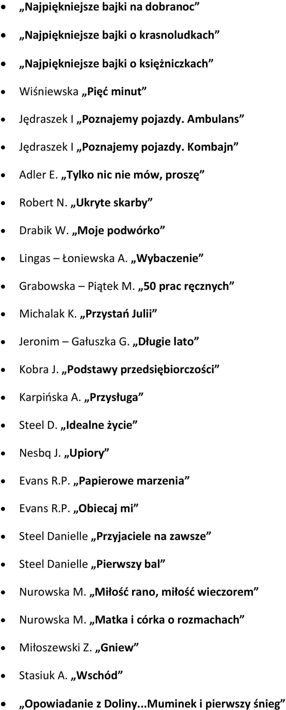 Przystań Julii Jeronim Gałuszka G. Długie lato Kobra J. Podstawy przedsiębiorczości Karpińska A. Przysługa Steel D. Idealne życie Nesbq J. Upiory Evans R.P. Papierowe marzenia Evans R.P. Obiecaj mi Steel Danielle Przyjaciele na zawsze Steel Danielle Pierwszy bal Nurowska M.