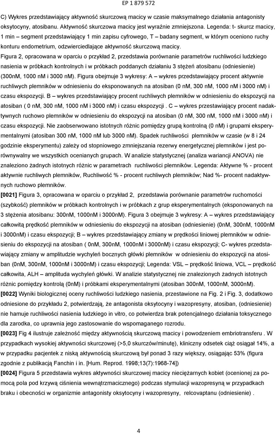 Figura 2, opracowana w oparciu o przykład 2, przedstawia porównanie parametrów ruchliwości ludzkiego nasienia w próbkach kontrolnych i w próbkach poddanych działaniu 3 stężeń atosibanu (odniesienie)