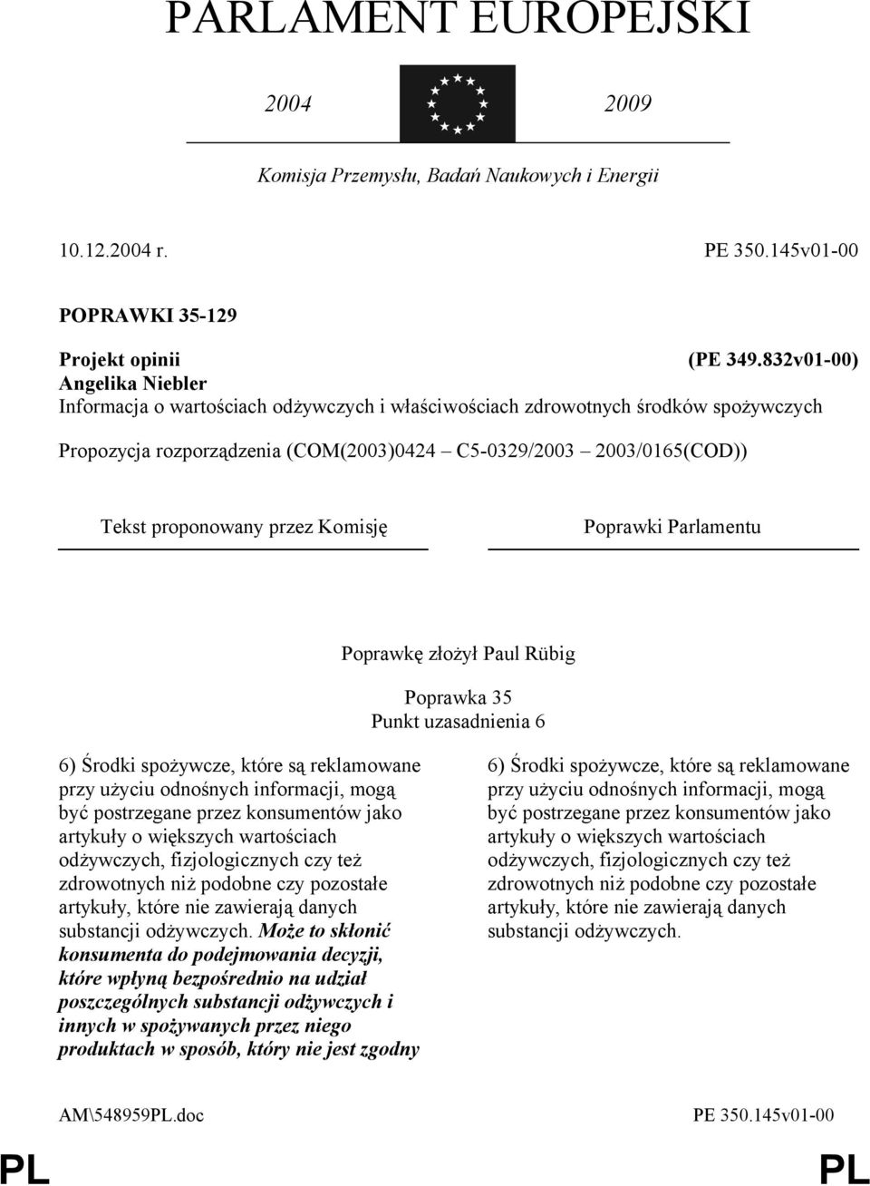 proponowany przez Komisję Poprawki Parlamentu Poprawkę złożył Paul Rübig Poprawka 35 Punkt uzasadnienia 6 6) Środki spożywcze, które są reklamowane przy użyciu odnośnych informacji, mogą być