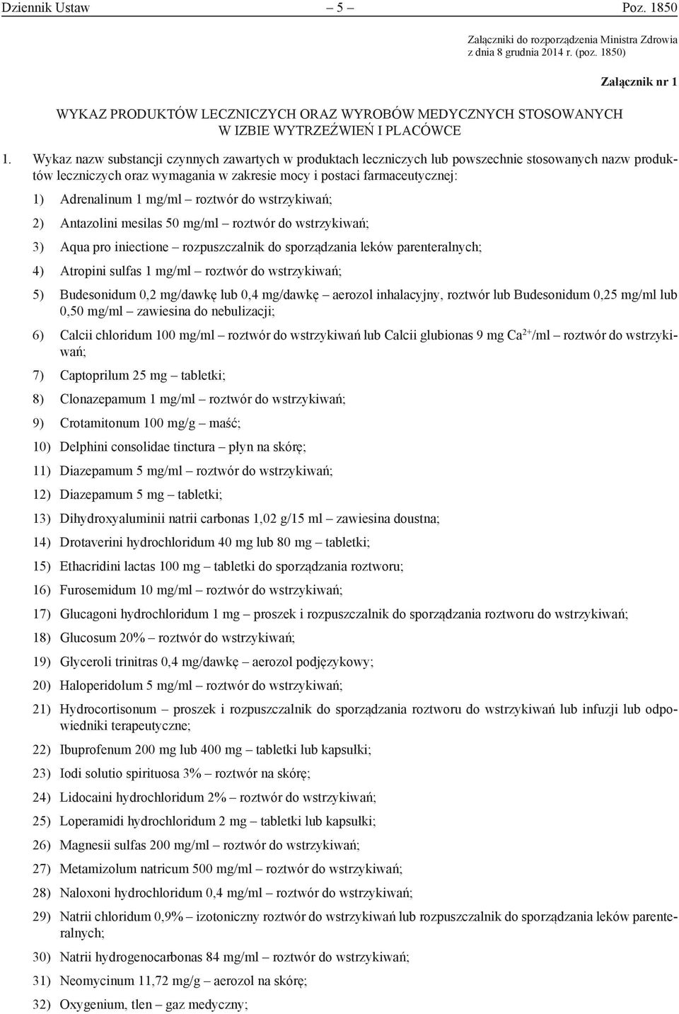 Wykaz nazw substancji czynnych zawartych w produktach leczniczych lub powszechnie stosowanych nazw produktów leczniczych oraz wymagania w zakresie mocy i postaci farmaceutycznej: 1) Adrenalinum 1