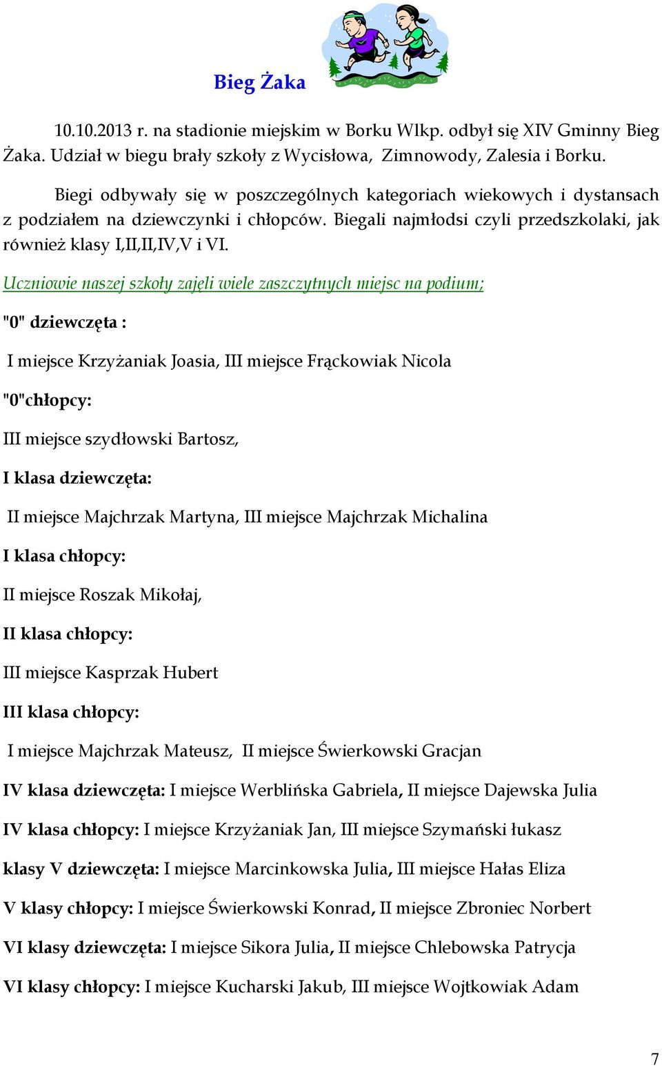 Uczniowie naszej szkoły zajęli wiele zaszczytnych miejsc na podium; "0" dziewczęta : I miejsce Krzyżaniak Joasia, III miejsce Frąckowiak Nicola "0"chłopcy: III miejsce szydłowski Bartosz, I klasa