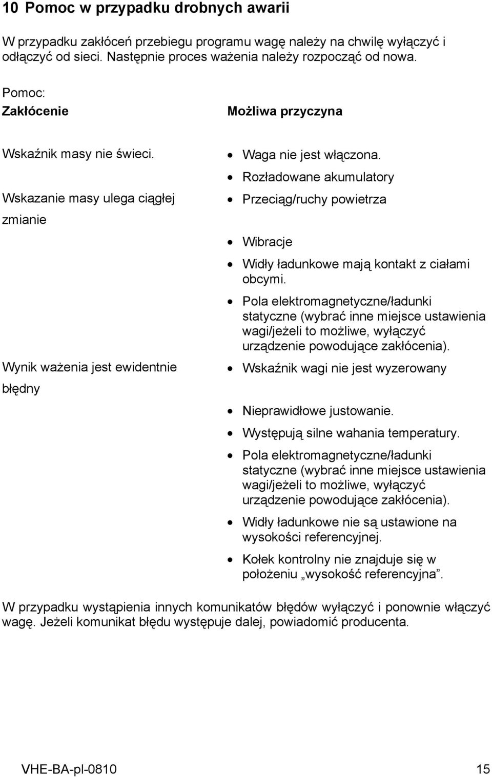 Rozładowane akumulatory Przeciąg/ruchy powietrza Wibracje Widły ładunkowe mają kontakt z ciałami obcymi.