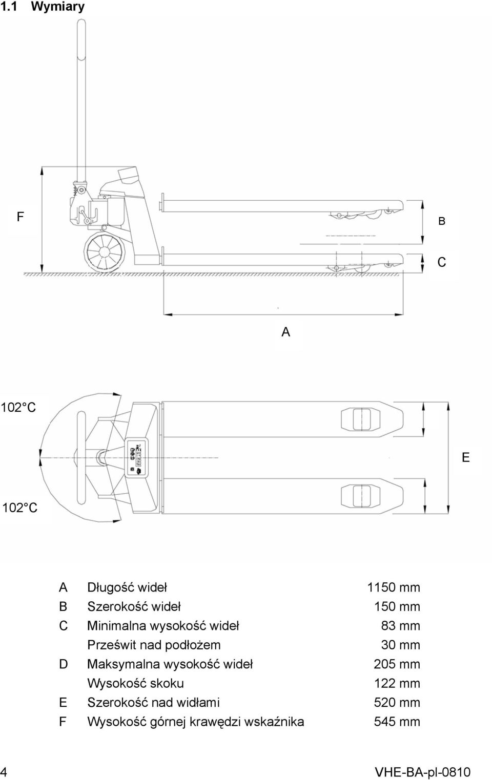 30 mm D Maksymalna wysokość wideł 205 mm Wysokość skoku 122 mm E