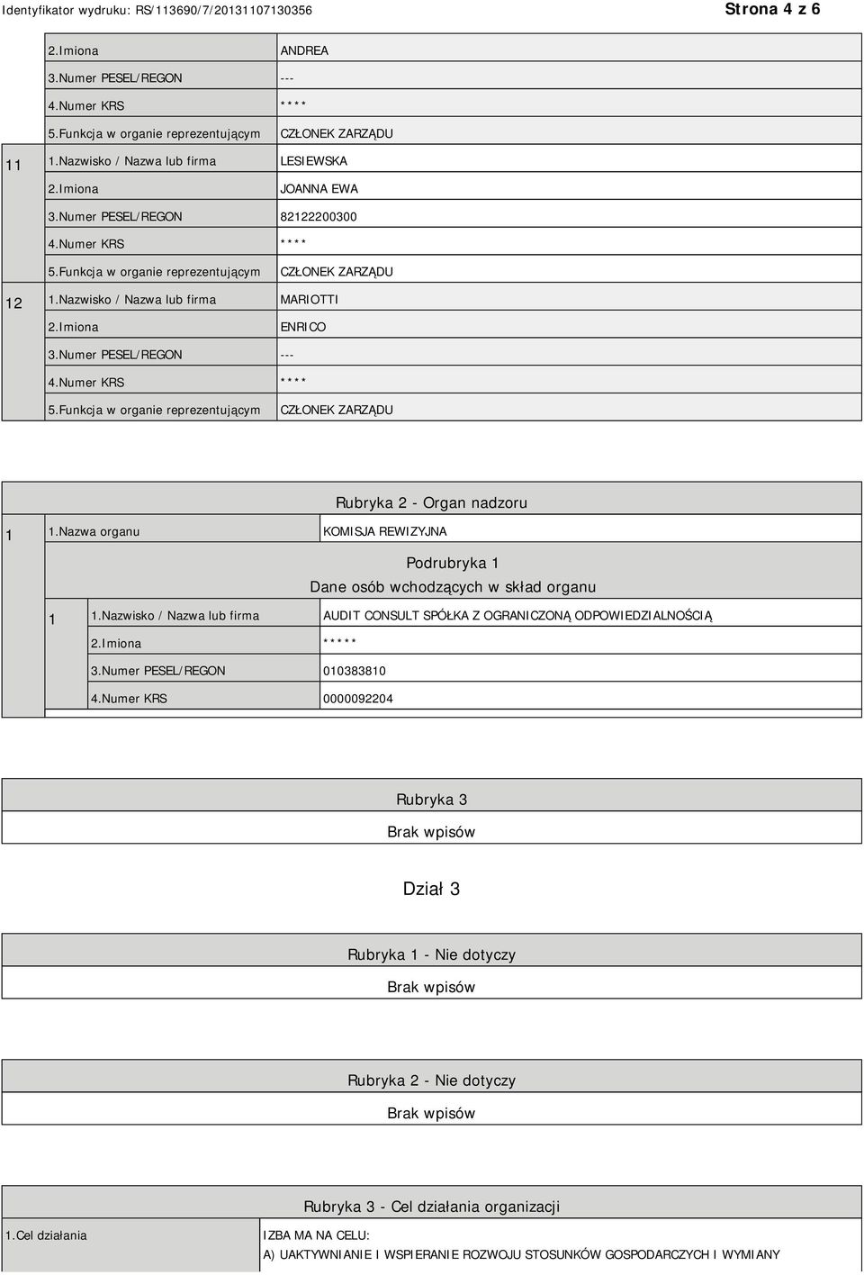 Nazwa organu KOMISJA REWIZYJNA Podrubryka 1 Dane osób wchodzących w skład organu 1 1.