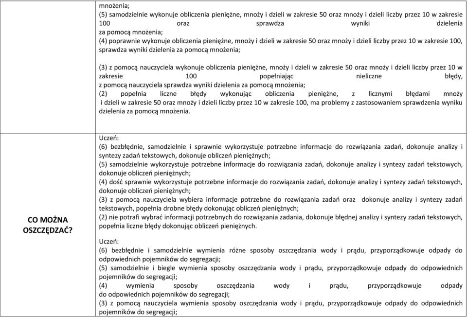 wykonuje obliczenia pieniężne, mnoży i dzieli w zakresie 50 oraz mnoży i dzieli liczby przez 10 w zakresie 100 popełniając nieliczne błędy, z pomocą nauczyciela sprawdza wyniki dzielenia za pomocą