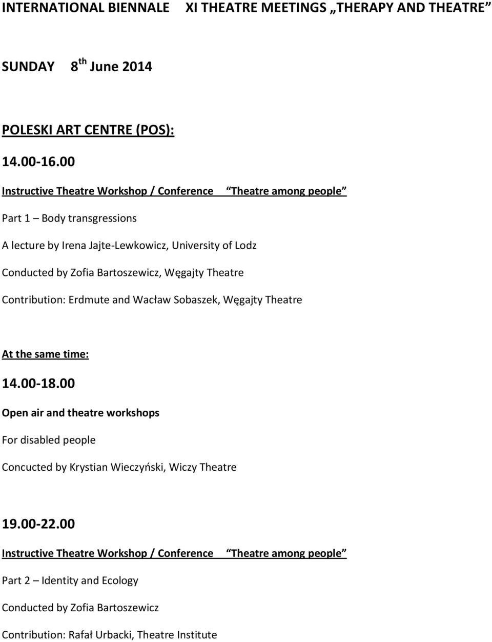 Contribution: Erdmute and Wacław Sobaszek, Węgajty Theatre At the same time: 14.00-18.