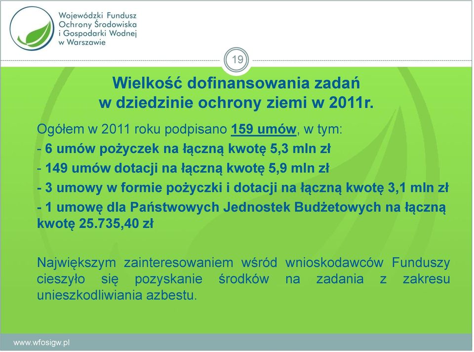 kwotę 5,9 mln zł - 3 umowy w formie pożyczki i dotacji na łączną kwotę 3,1 mln zł - 1 umowę dla Państwowych Jednostek