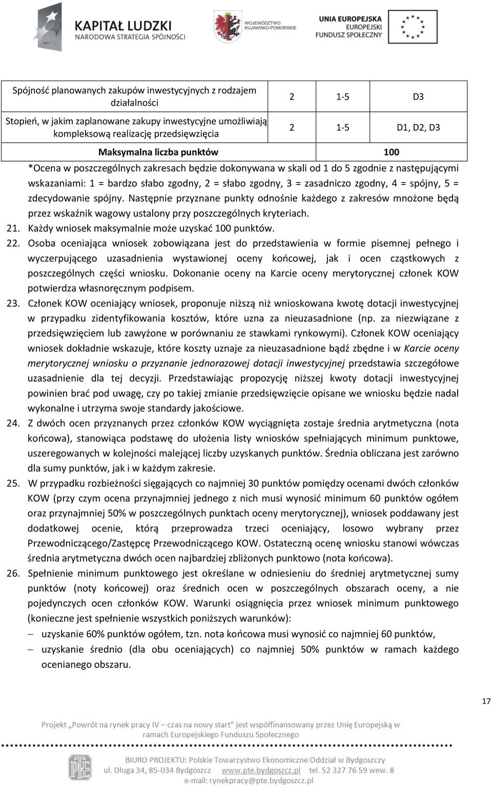 zgodny, 4 = spójny, 5 = zdecydowanie spójny. Następnie przyznane punkty odnośnie każdego z zakresów mnożone będą przez wskaźnik wagowy ustalony przy poszczególnych kryteriach. 21.