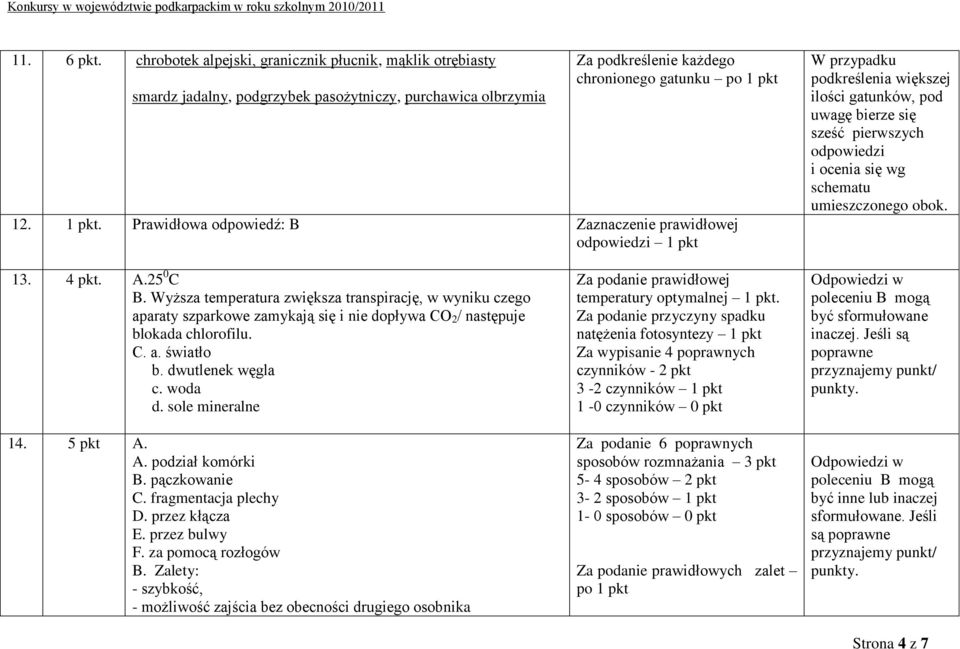 Prawidłowa odpowiedź: B Zaznaczenie prawidłowej W przypadku podkreślenia większej ilości gatunków, pod uwagę bierze się sześć pierwszych odpowiedzi i ocenia się wg schematu umieszczonego obok. 13.