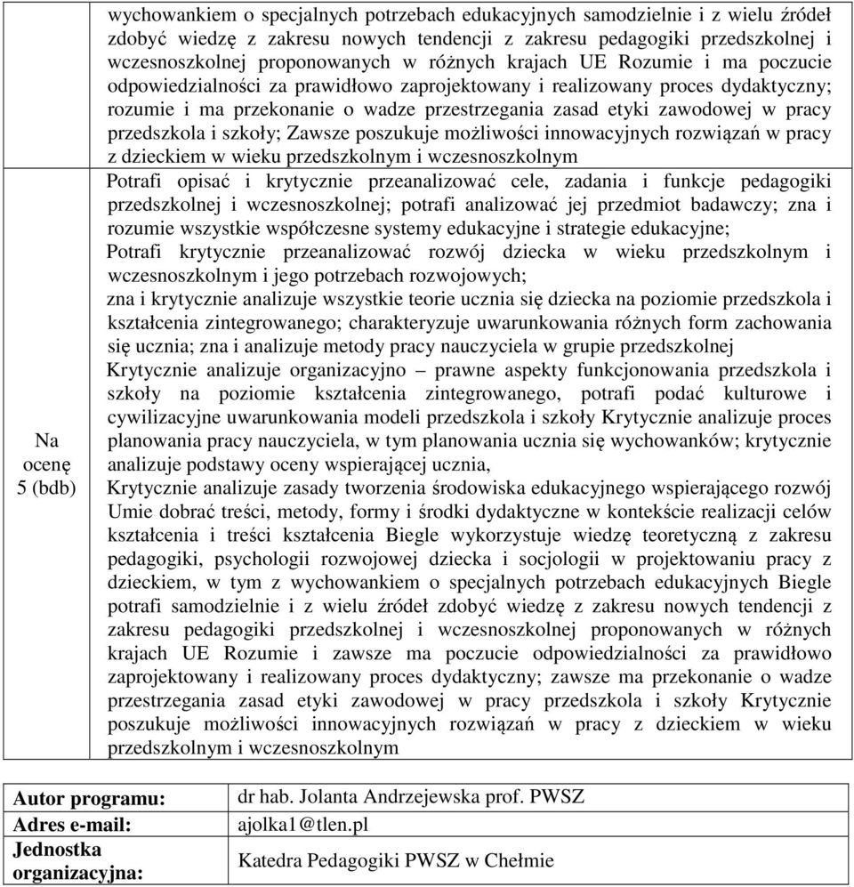 przedszkola i szkoły; Zawsze poszukuje możliwości innowacyjnych rozwiązań w pracy z dzieckiem w wieku Potrafi opisać i krytycznie przeanalizować cele, zadania i funkcje pedagogiki przedszkolnej i