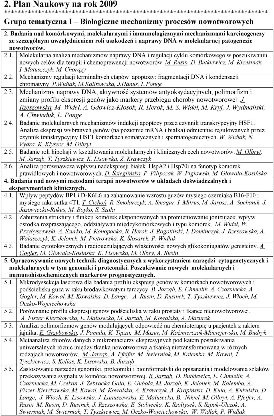 Molekularna analiza mechanizmów naprawy DNA i regulacji cyklu komórkowego w poszukiwaniu nowych celów dla terapii i chemoprewencji nowotworów. M. Rusin, D. Butkiewicz, M. Krześniak, I. Matuszczyk, M.