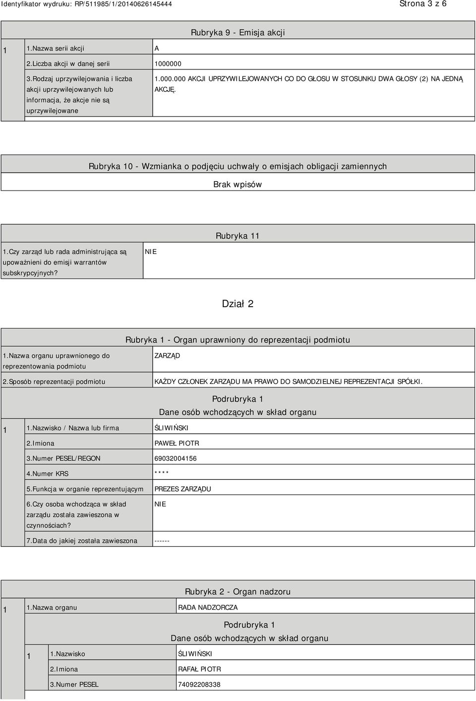 Rubryka 10 - Wzmianka o podjęciu uchwały o emisjach obligacji zamiennych Rubryka 11 1.Czy zarząd lub rada administrująca są upoważnieni do emisji warrantów subskrypcyjnych?