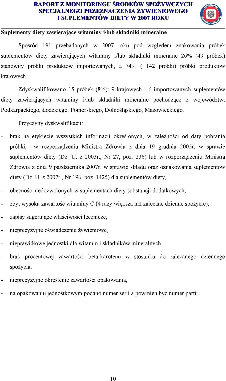 Zdyskwalifikowano 15 próbek (8%): 9 krajowych i 6 importowanych suplementów diety zawierających witaminy i/lub składniki mineralne pochodzące z województw: Podkarpackiego, Łódzkiego, Pomorskiego,