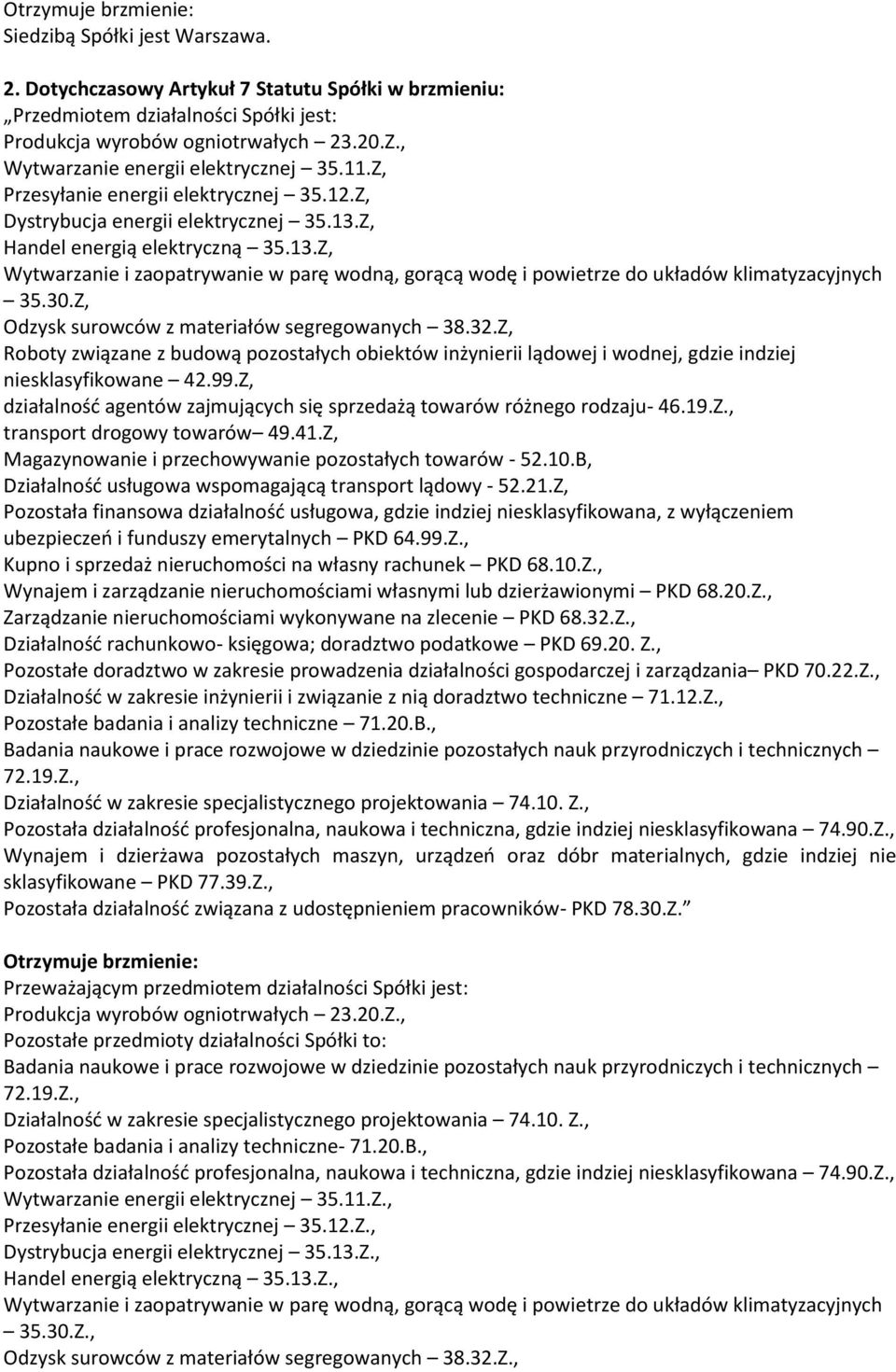 Z, Handel energią elektryczną 35.13.Z, Wytwarzanie i zaopatrywanie w parę wodną, gorącą wodę i powietrze do układów klimatyzacyjnych 35.30.Z, Odzysk surowców z materiałów segregowanych 38.32.