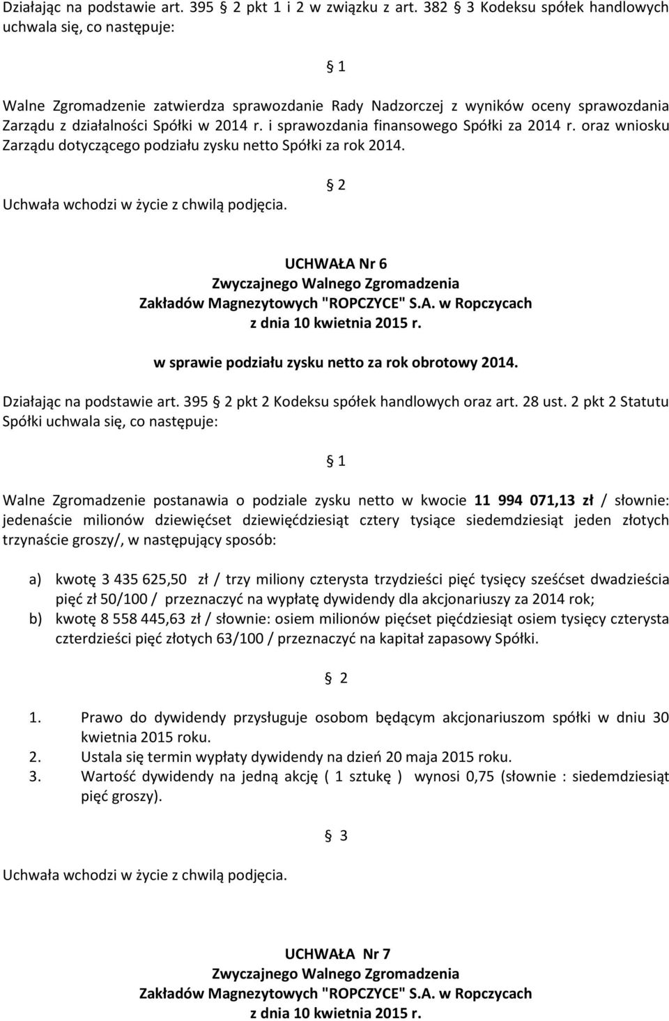 i sprawozdania finansowego Spółki za 2014 r. oraz wniosku Zarządu dotyczącego podziału zysku netto Spółki za rok 2014. UCHWAŁA Nr 6 w sprawie podziału zysku netto za rok obrotowy 2014.