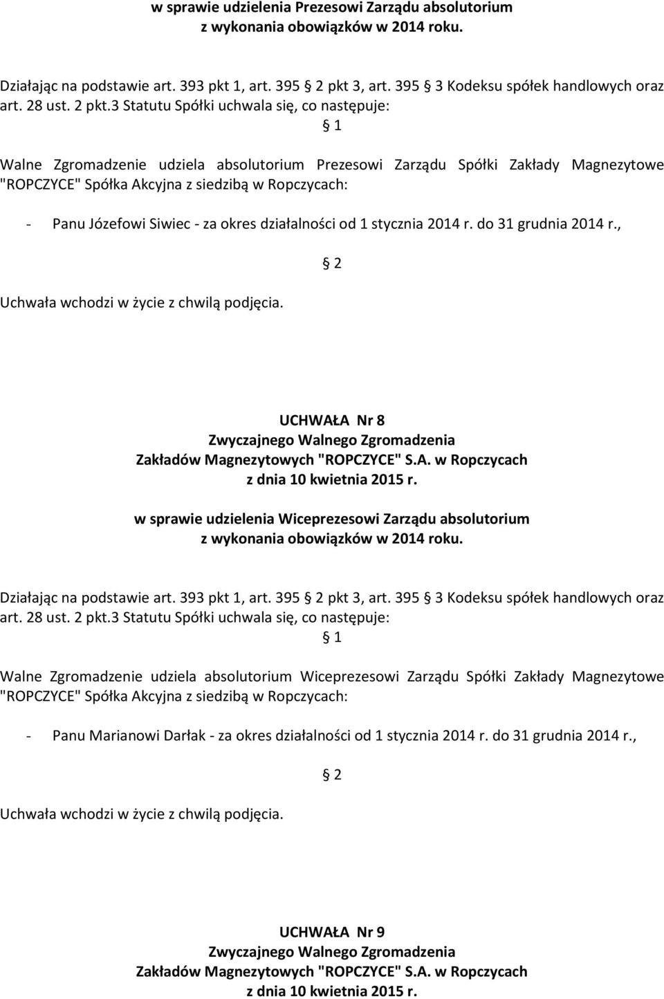 3 Statutu Spółki uchwala się, co następuje: Walne Zgromadzenie udziela absolutorium Prezesowi Zarządu Spółki Zakłady Magnezytowe "ROPCZYCE" Spółka Akcyjna z siedzibą w Ropczycach: - Panu Józefowi