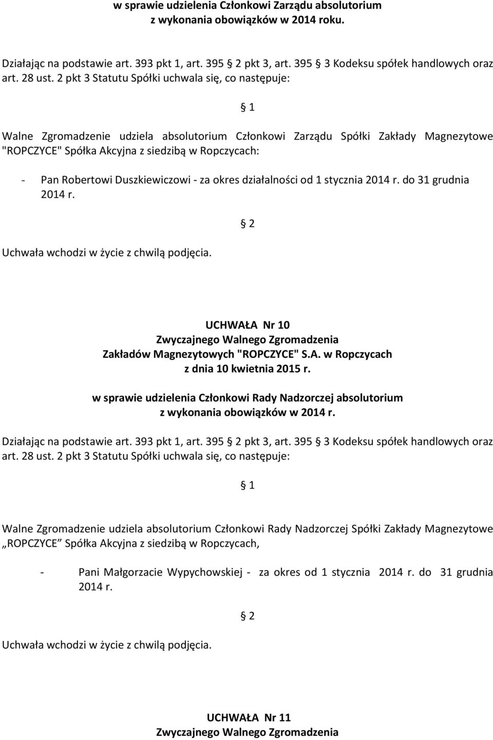 Robertowi Duszkiewiczowi - za okres działalności od 1 stycznia 2014 r. do 31 grudnia 2014 r. UCHWAŁA Nr 10 w sprawie udzielenia Członkowi Rady Nadzorczej absolutorium z wykonania obowiązków w 2014 r.