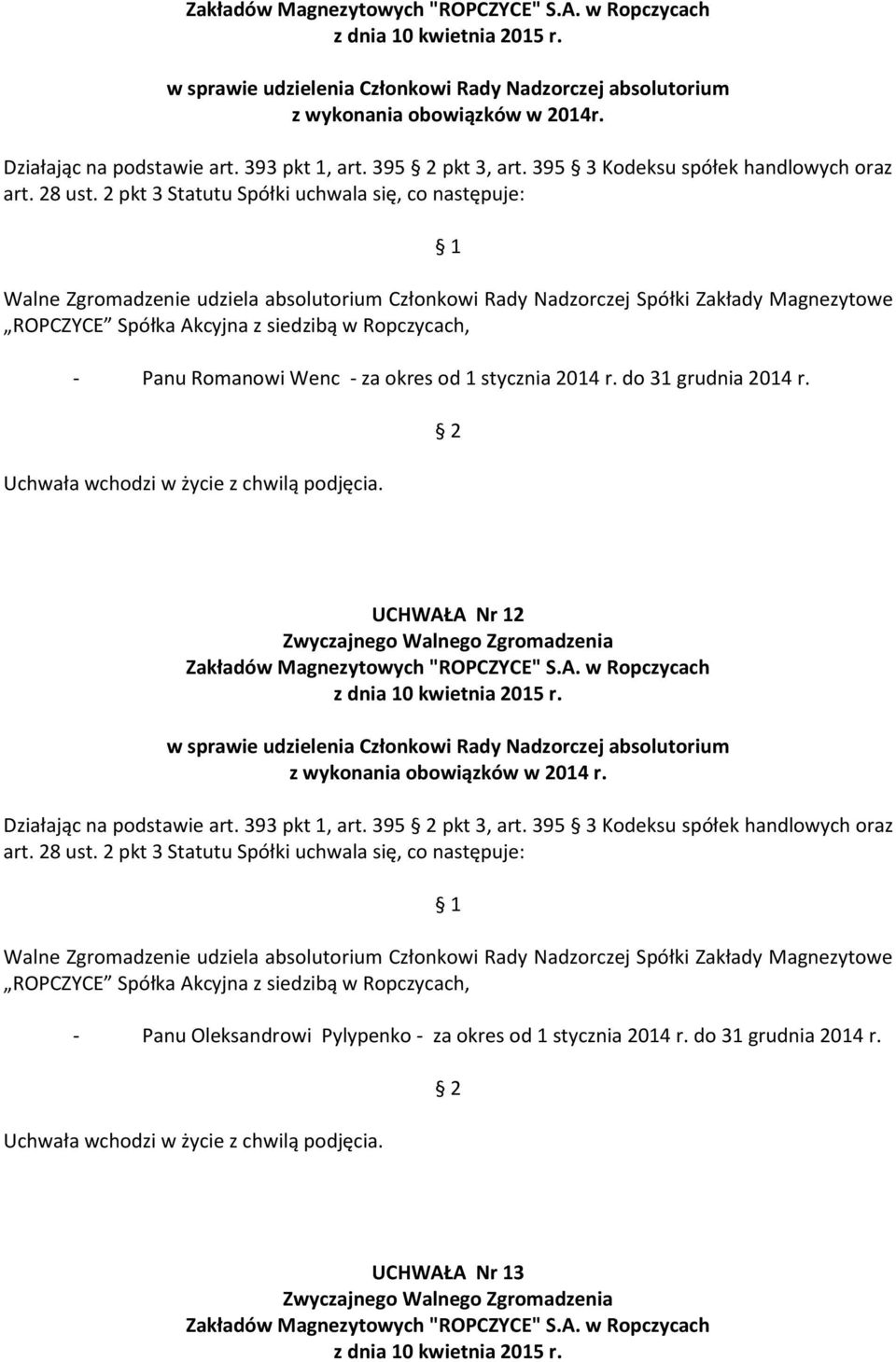 2 pkt 3 Statutu Spółki uchwala się, co następuje: Walne Zgromadzenie udziela absolutorium Członkowi Rady Nadzorczej Spółki Zakłady Magnezytowe ROPCZYCE Spółka Akcyjna z siedzibą w Ropczycach, - Panu