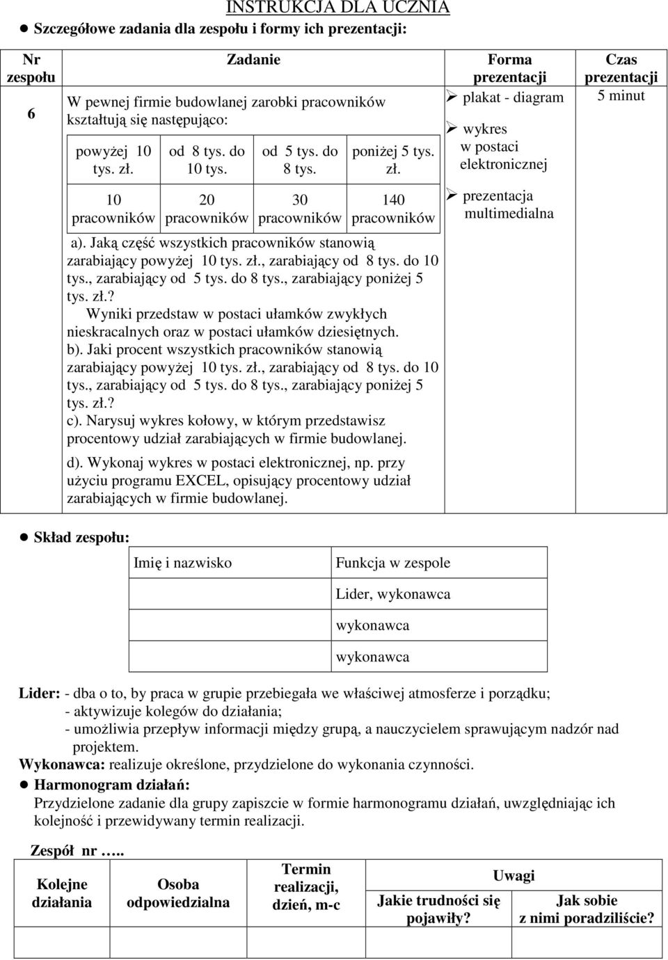 , zarabiający od 5 tys. do 8 tys., zarabiający poniŝej 5 tys. zł.? b). Jaki procent wszystkich pracowników stanowią zarabiający powyŝej 10 tys. zł., zarabiający od 8 tys. do 10 tys.