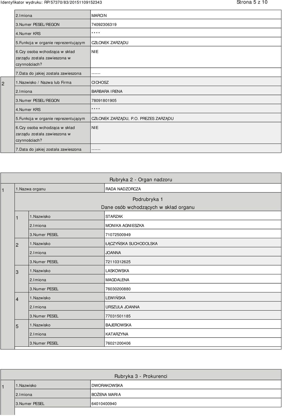 Funkcja w organie reprezentującym 6.Czy osoba wchodząca w skład zarządu została zawieszona w czynnościach? CZŁONEK ZARZĄDU, P.O. PREZES ZARZĄDU NIE 7.