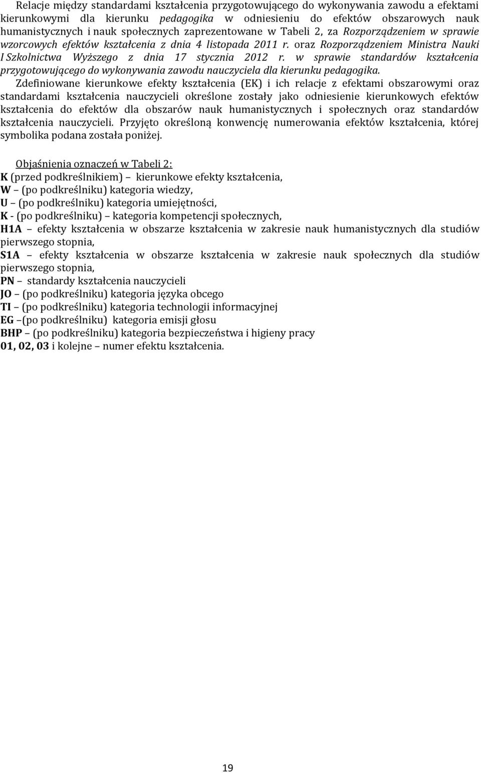 oraz Rozporządzeniem Ministra Nauki I Szkolnictwa Wyższego z dnia 17 stycznia 2012 r. w sprawie standardów kształcenia przygotowującego do wykonywania zawodu nauczyciela dla kierunku pedagogika.