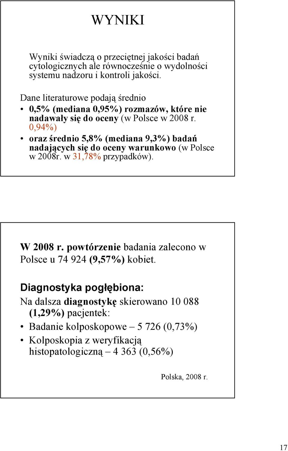 0,94%) oraz średnio 5,8% (mediana 9,3%) badań nadających się do oceny warunkowo (w Polsce w 2008r. w 31,78% przypadków). W 2008 r.