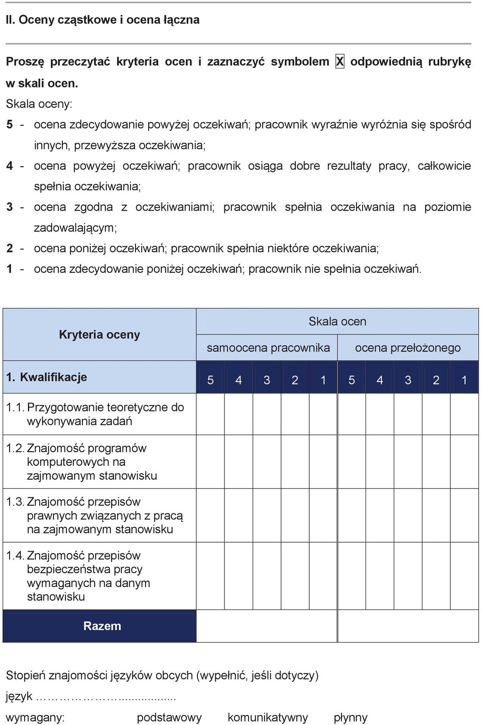 spełnia oczekiwania; 3 - ocena zgodna z oczekiwaniami; pracownik spełnia oczekiwania na poziomie zadowalającym; 2 - ocena poniżej oczekiwań; pracownik spełnia niektóre oczekiwania; 1 - ocena