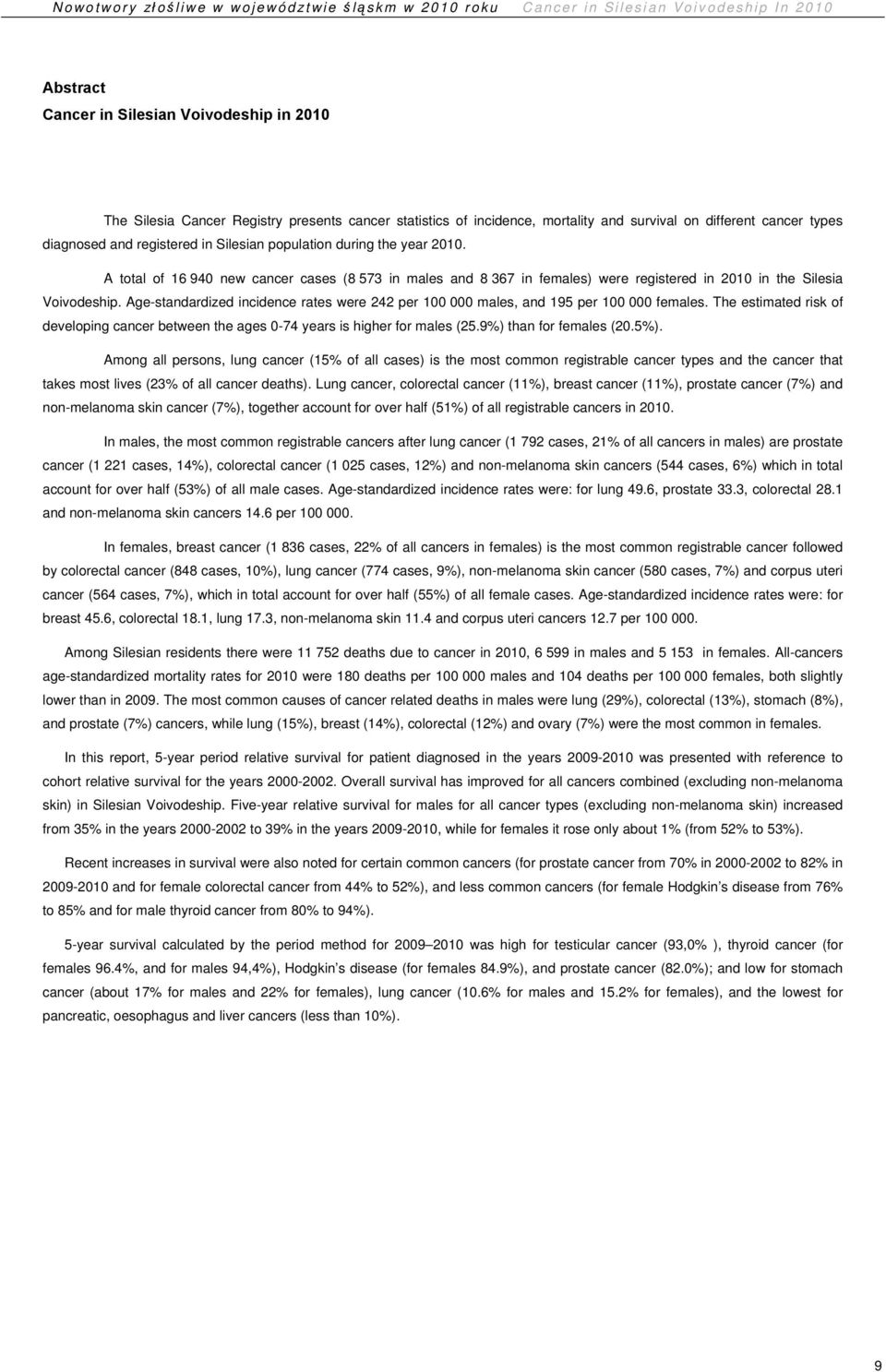 A total of 16 94 new cancer cases (8 73 in males and 8 367 in females) were registered in 21 in the Silesia Voivodeship. Age-standardized incidence rates were 242 per 1 males, and 19 per 1 females.