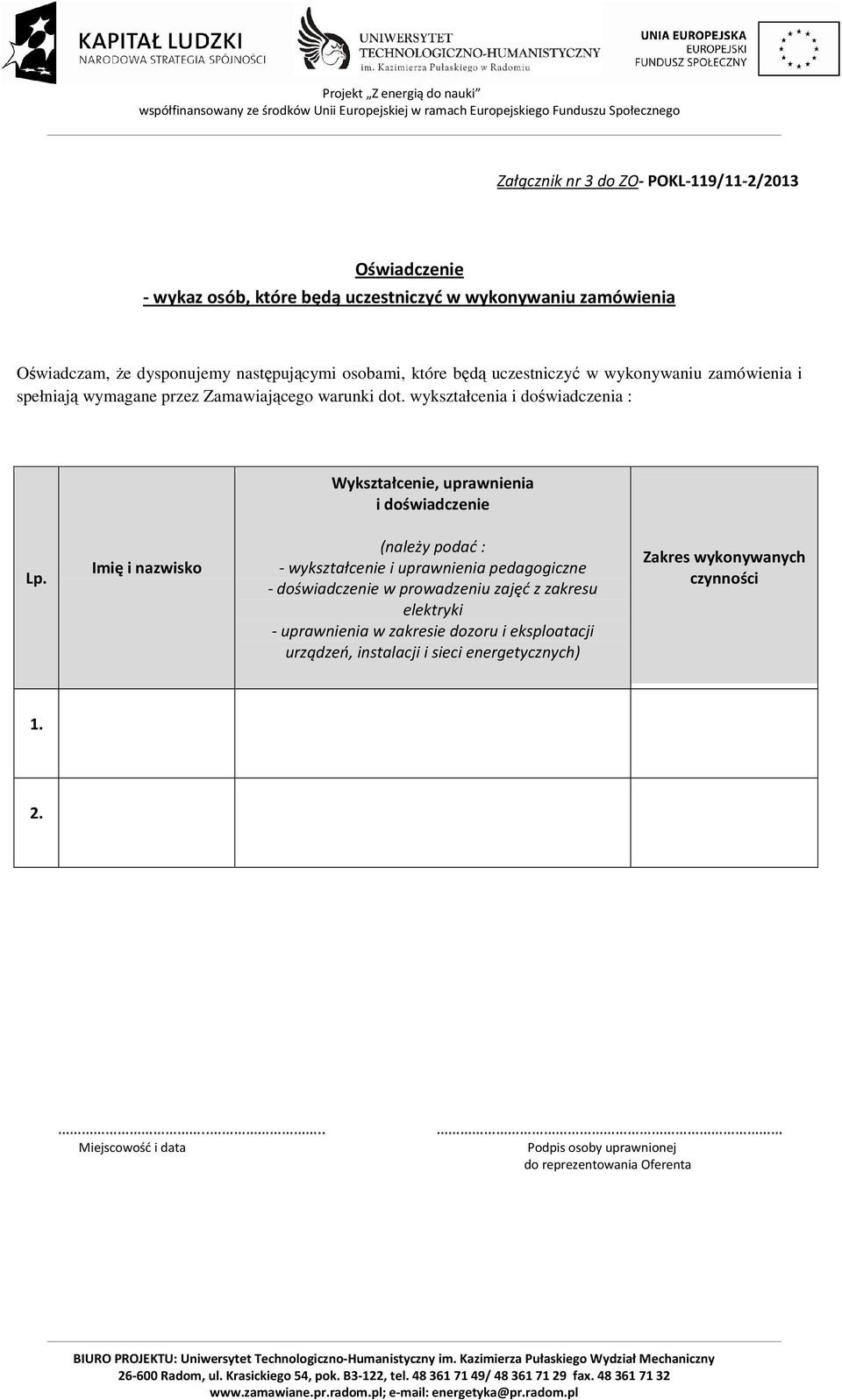 wykształcenia i doświadczenia : Wykształcenie, uprawnienia i doświadczenie Lp.