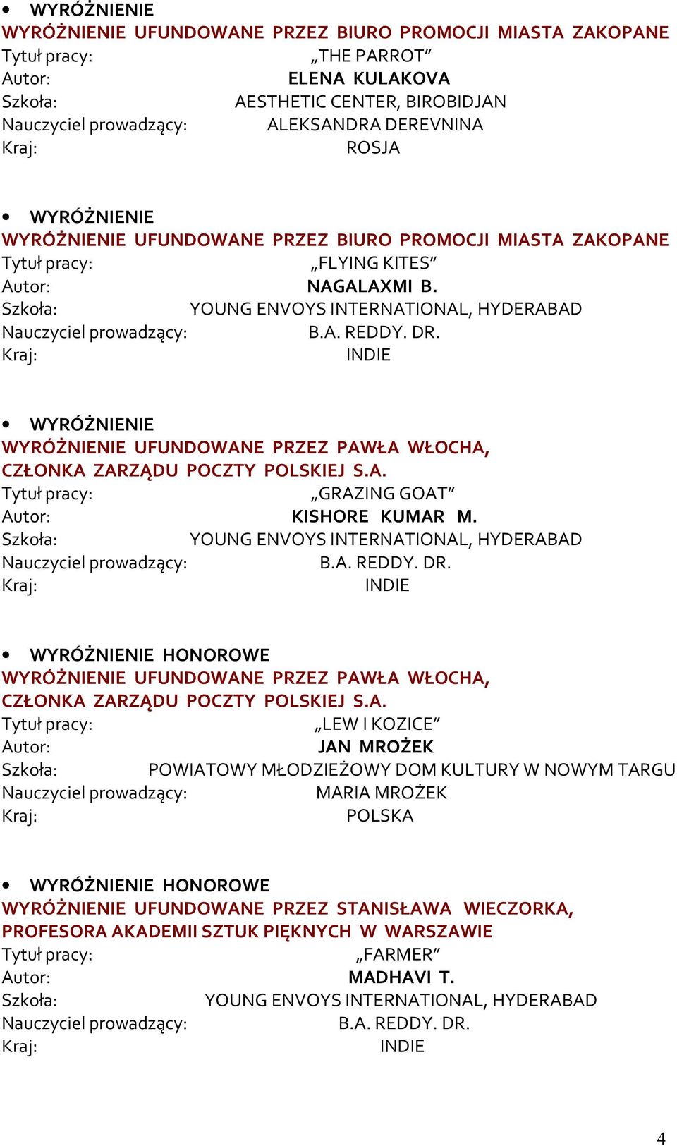 INDIE WYRÓŻNIENIE UFUNDOWANE PRZEZ PAWŁA WŁOCHA, CZŁONKA ZARZĄDU POCZTY POLSKIEJ S.A. GRAZING GOAT KISHORE KUMAR M. YOUNG ENVOYS INTERNATIONAL, HYDERABAD B.A. REDDY. DR.