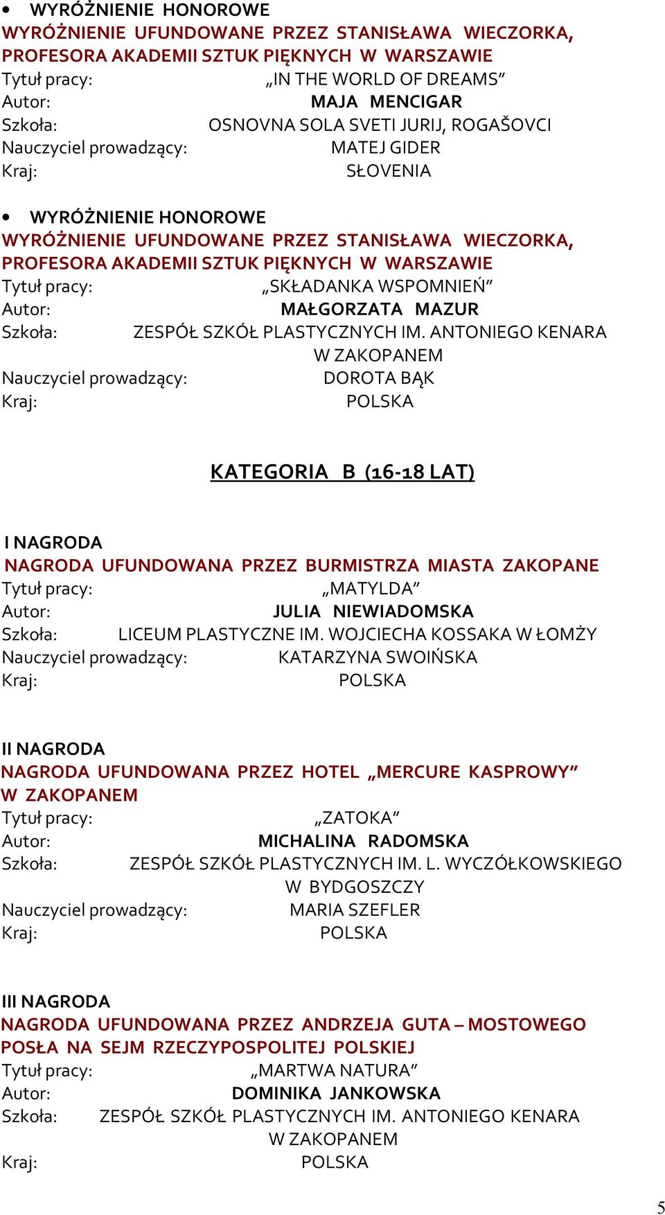 WOJCIECHA KOSSAKA W ŁOMŻY KATARZYNA SWOIŃSKA II NAGRODA NAGRODA UFUNDOWANA PRZEZ HOTEL MERCURE KASPROWY ZATOKA MICHALINA RADOMSKA ZESPÓŁ SZKÓŁ PLASTYCZNYCH IM. L.