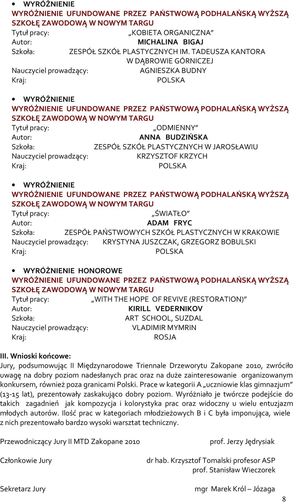 KRAKOWIE KRYSTYNA JUSZCZAK, GRZEGORZ BOBULSKI HONOROWE WITH THE HOPE OF REVIVE (RESTORATION) KIRILL VEDERNIKOV ART SCHOOL, SUZDAL VLADIMIR MYMRIN ROSJA III.